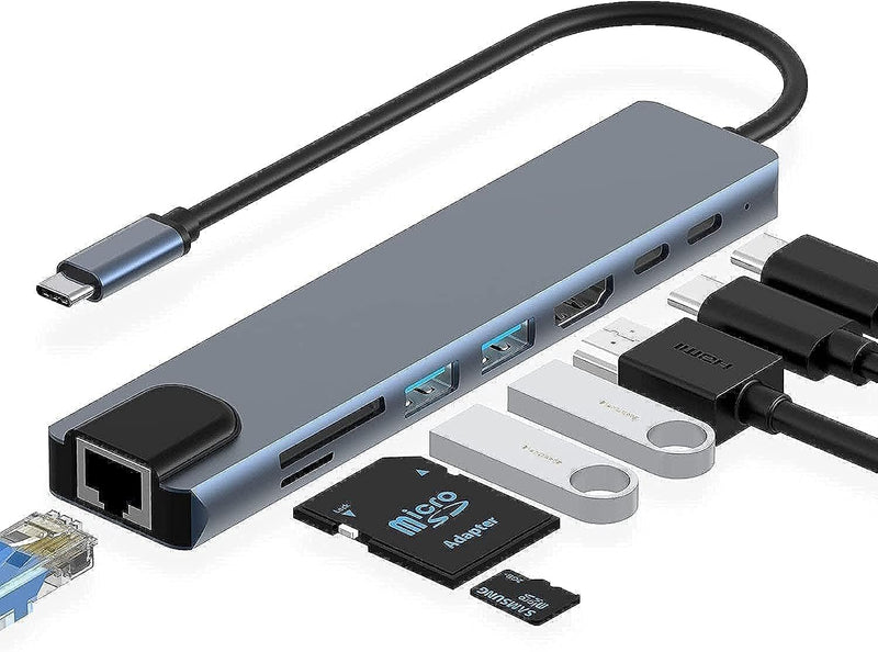 Hub MultiPort 8 en 1 USB C, Adaptateur de Type C Pour Smartphones, Ordinateurs, Tablettes