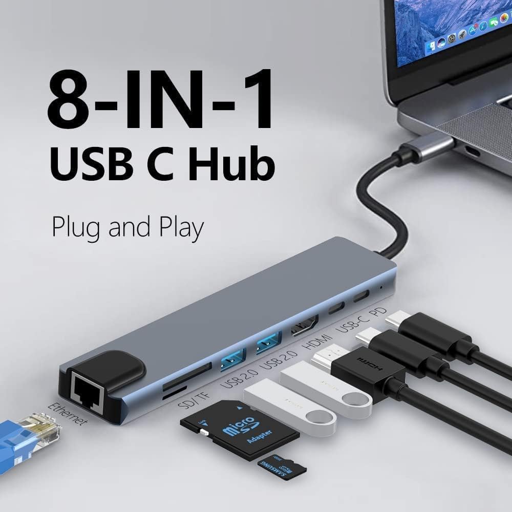 Hub MultiPort 8 en 1 USB C, Adaptateur de Type C Pour Smartphones, Ord